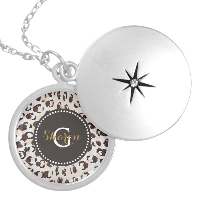 Modern chic brown cheetah print pattern monogram silver plated necklace (Front)