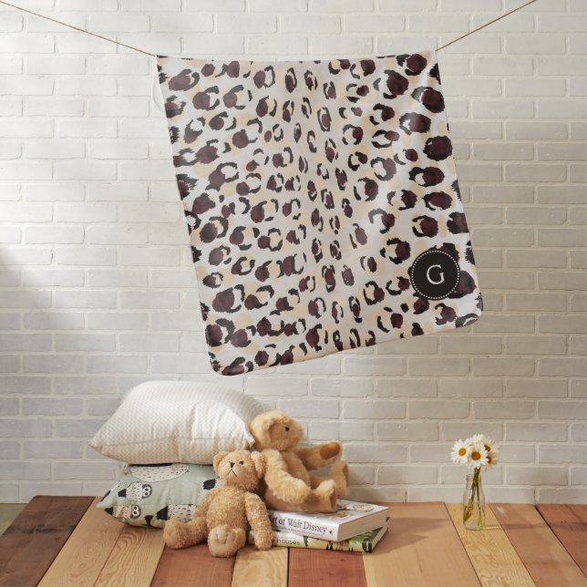 Modern chic brown cheetah print pattern monogram stroller blanket (In Situ)