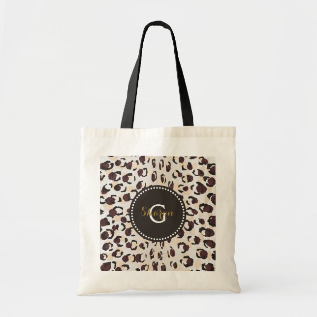 Modern chic brown cheetah print pattern monogram tote bag (Front)