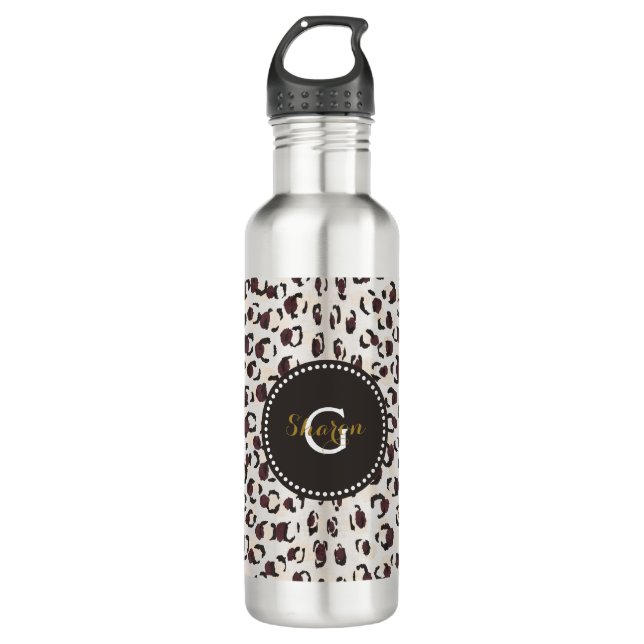 Modern chic brown cheetah print pattern monogram water bottle (Front)