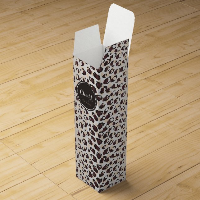 Modern chic brown cheetah print pattern monogram wine gift box (Opened)
