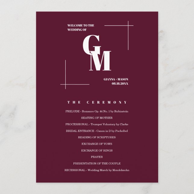 Modern Chic Burgundy Monogram QR Code Wedding Program (Front)