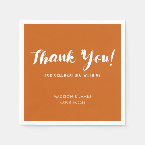 Modern Chic Burnt Orange Script Thank You Wedding Napkins