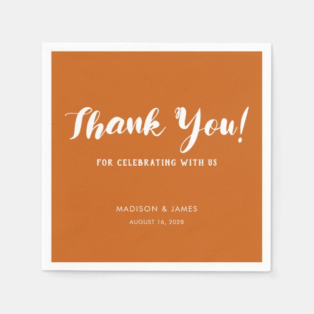 Modern Chic Burnt Orange Script Thank You Wedding Napkins (Front)