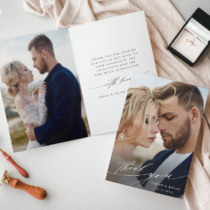 Modern Chic Calligraphy 2 Photo Wedding Folded Letterpress Thank You Card