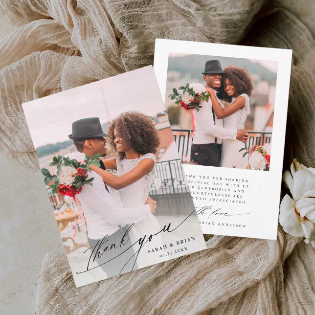 Modern Chic Calligraphy 2 Photo Wedding Thank You Card | Zazzle