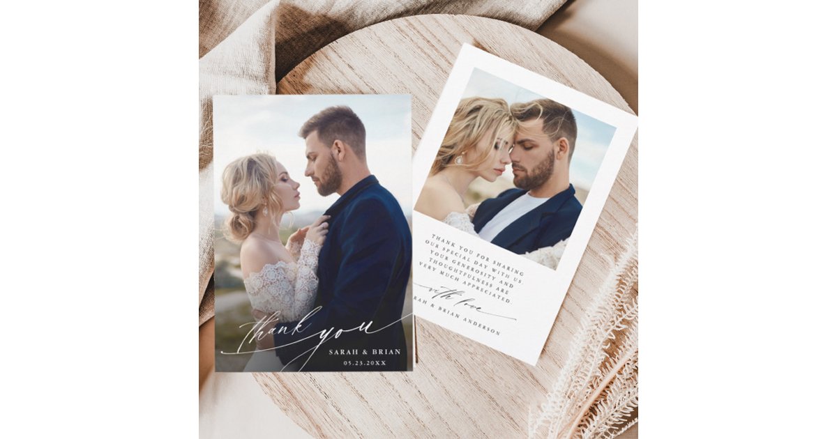 Modern Chic Calligraphy 2 Photo Wedding Thank You Card | Zazzle