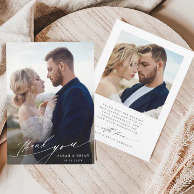 Modern Chic Calligraphy 2 Photo Wedding Thank You Card | Zazzle