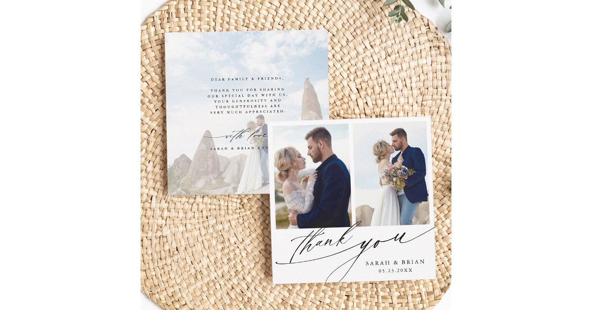 Modern Chic Calligraphy 3 Photo Wedding Square Thank You Card | Zazzle