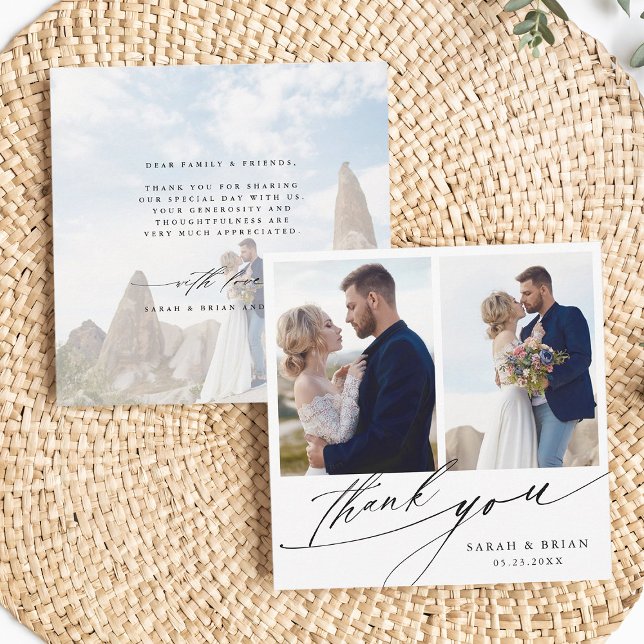 Modern Chic Calligraphy 3 Photo Wedding Square Thank You Card (Front & Back)