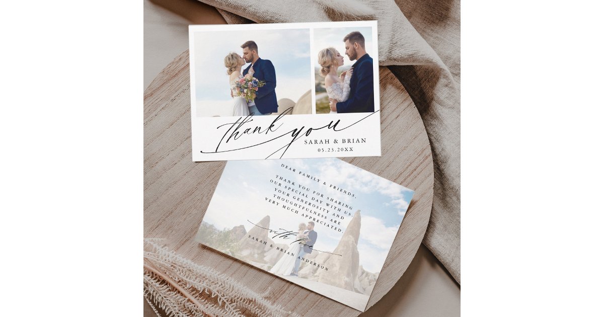 Modern Chic Calligraphy 3 Photo Wedding Thank You Card | Zazzle
