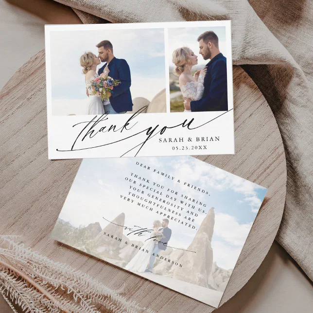 Modern Chic Calligraphy 3 Photo Wedding Thank You Card | Zazzle