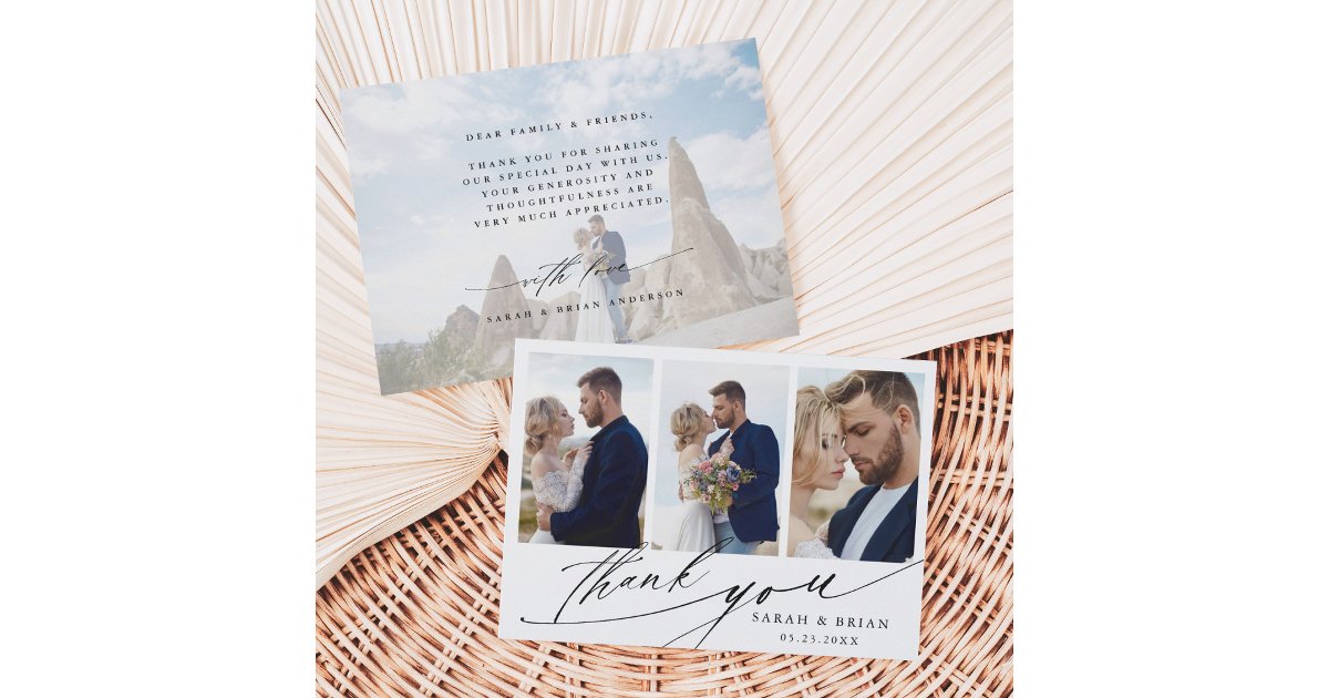 Modern Chic Calligraphy 4 Photo Wedding Thank You Card | Zazzle