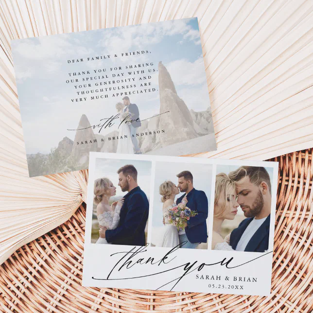 Modern Chic Calligraphy 4 Photo Wedding Thank You Card | Zazzle