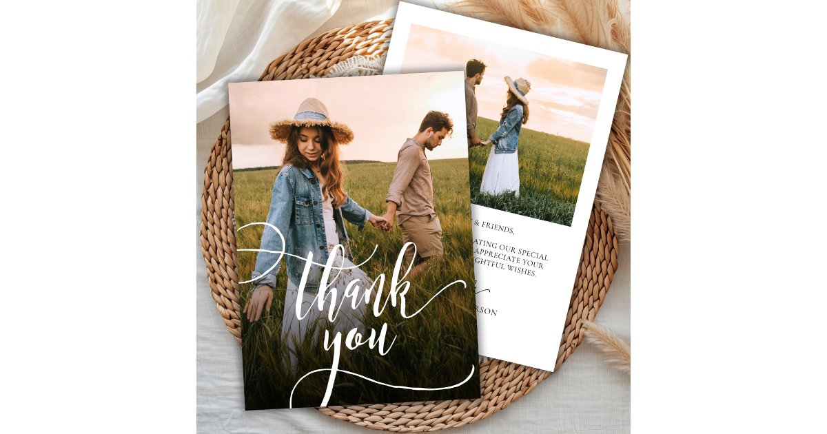 Modern Chic Calligraphy Script 2 Photo Wedding Thank You Card | Zazzle