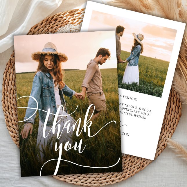 Modern Chic Calligraphy Script 2 Photo Wedding Thank You Card (Creator Uploaded)