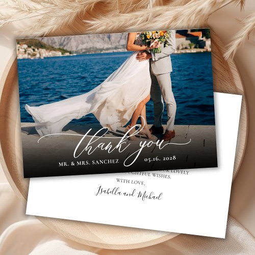 Modern Chic Calligraphy Script One Photo Wedding Thank You Card