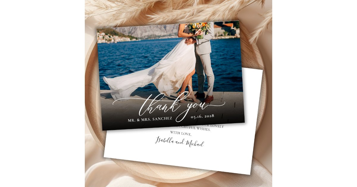 Modern Chic Calligraphy Script One Photo Wedding Thank You Card | Zazzle