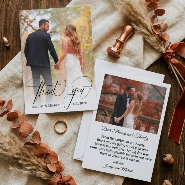 modern chic calligraphy thank you 2 photo wedding note card (Creator Uploaded)