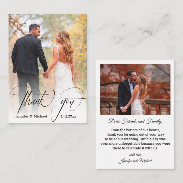 modern chic calligraphy thank you 2 photos wedding note card (Front/Back)
