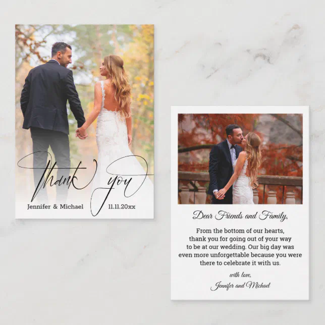 modern chic calligraphy thank you 2 photos wedding note card | Zazzle