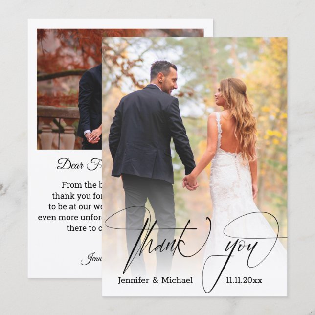 modern chic calligraphy thank you 2 photos wedding note card (Front/Back)