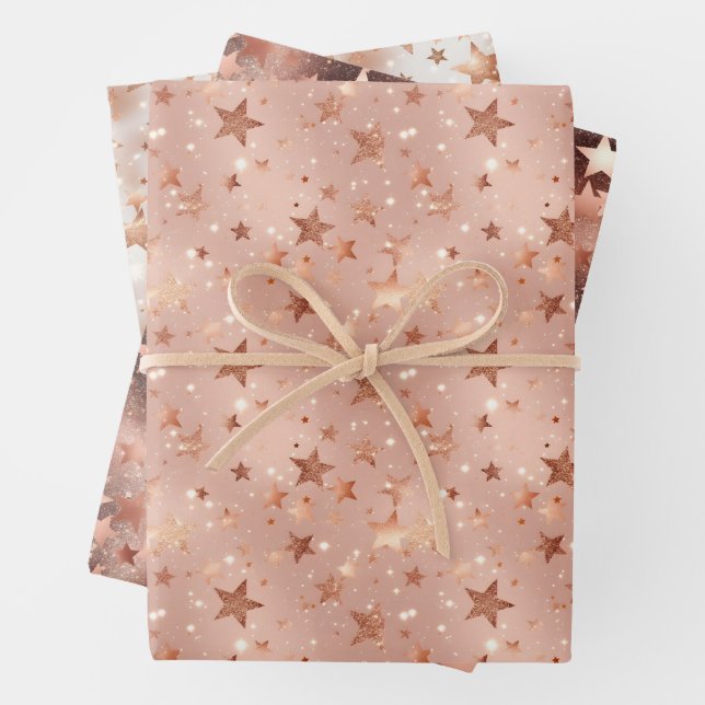 Modern Chic Christmas Rose Gold & Pink Stars Wrapping Paper Sheets (In situ)