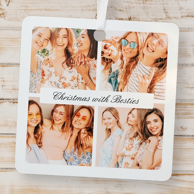 Modern Chic Christmas With Besties 4 Photo Holiday Metal Ornament (Creator Uploaded)