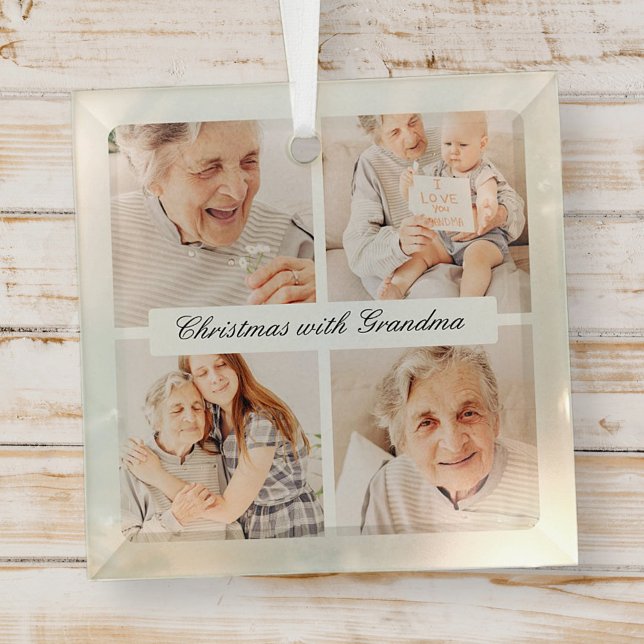 Modern Chic Christmas With Grandma 4 Photo Holiday Glass Ornament (Creator Uploaded)