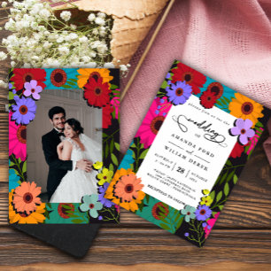 modern chic colorful flower Floral Photo Wedding Invitation