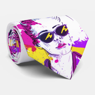 Modern Chic Colorful Hand Drawn Face Neck Tie