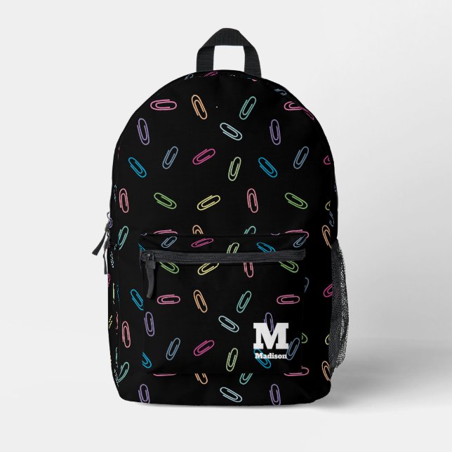 Modern Chic Colorful Paperclips Monogram Name Printed Backpack (Front)