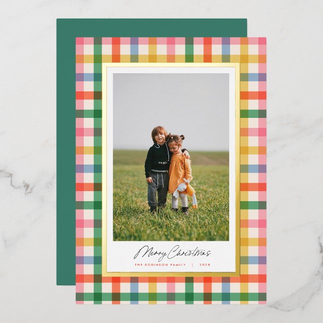 Modern Chic Colorful Plaid Christmas Foil Card (Front/Back)