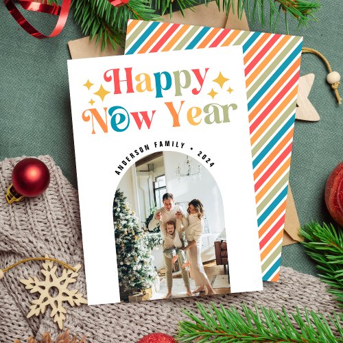 Modern Chic Colorful Retro Happy New Year Photo Holiday Card