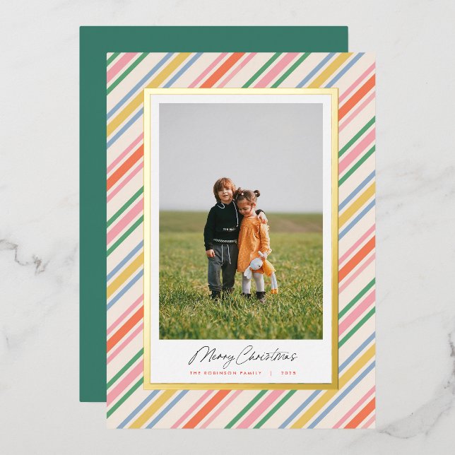 Modern Chic Colorful Stripes Christmas Foil Card (Front/Back)