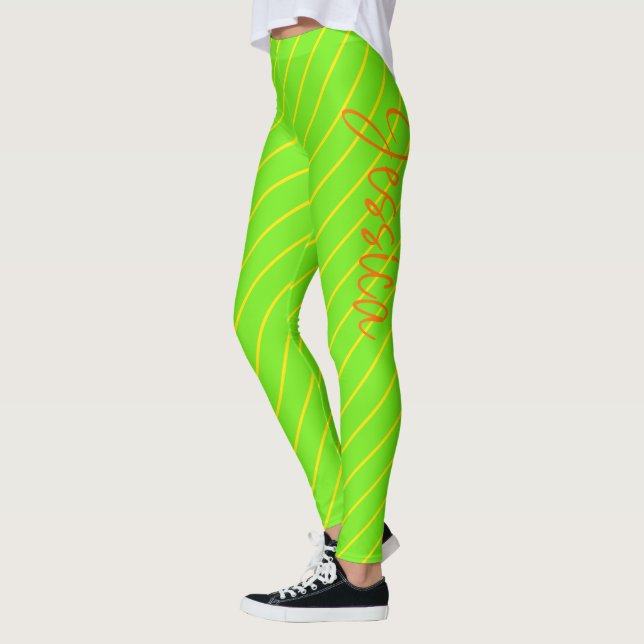 Modern Chic Cool Neon Yellow Green Orange Striped Leggings (Left)