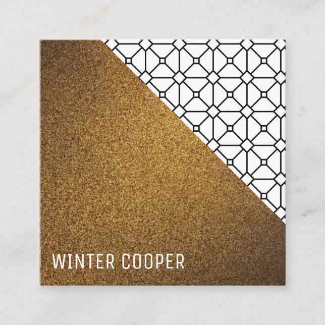 Modern chic copper gold glitter geometric pattern square business card (Front)