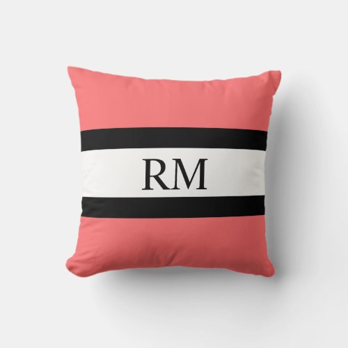 Modern Chic Coral Black White Monogrammed Pillow