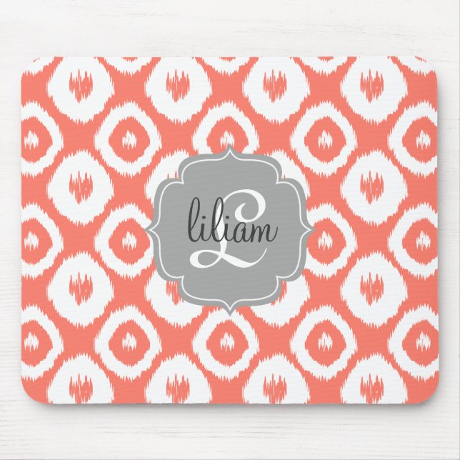 Modern Chic Coral Ikat Diamonds Personalized Mouse Pad (Front)