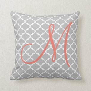 Modern Chic Coral Monogram on Gray Quatrefoil Throw Pillow