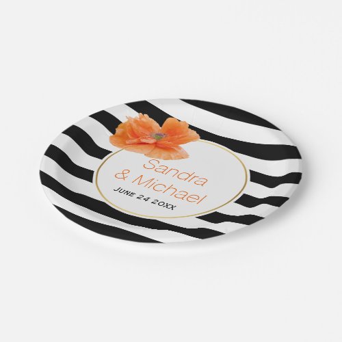 Modern chic coral poppy  stripes floral wedding paper plates