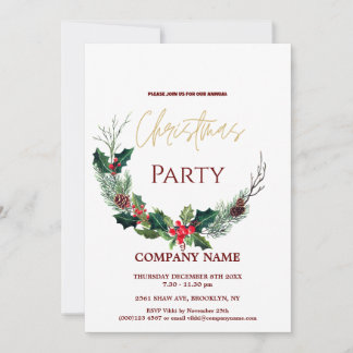 Modern Chic Corporate Christmas Watercolor Wreath Invitation