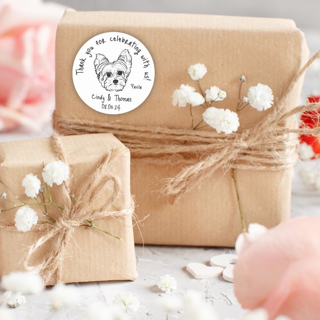 Modern Chic Custom Funny Yorkie Dog Wedding Favor Classic Round Sticker (Creator Uploaded)