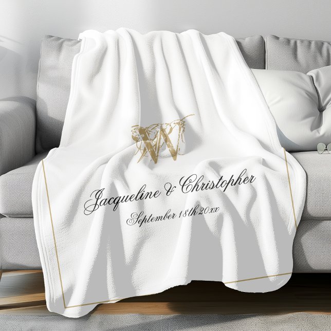 Modern Chic Custom Newlywed Keepsake Monogram Fleece Blanket (Elegant gold monogram with black font names and gold border against white background fleece blanket.)