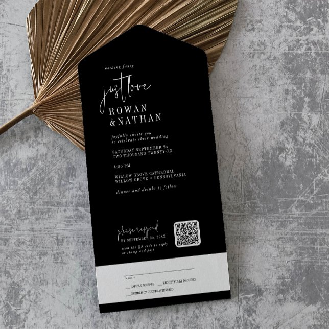 Modern Chic Dark Black Just Love QR Code Wedding All In One Invitation (Creator Uploaded)