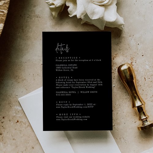 Modern Chic Dark Black Wedding Details Enclosure Card