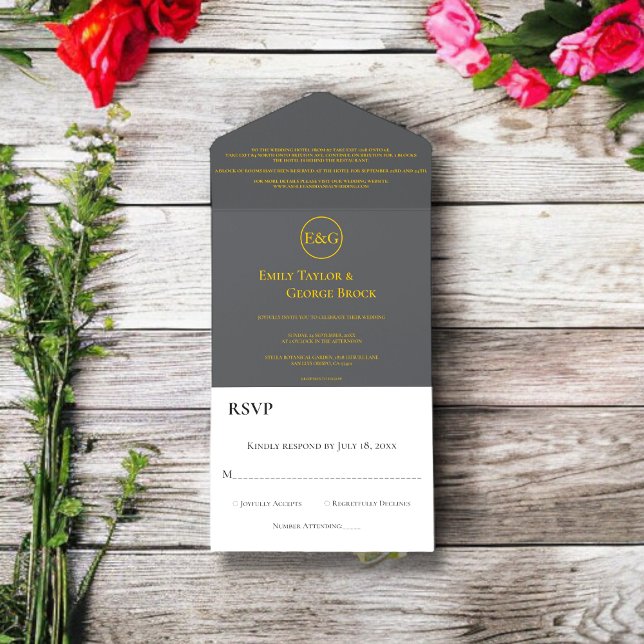 Modern Chic Dark Gray Gold Script Classy Wedding All In One Invitation (Creator Uploaded)