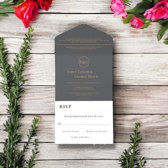 Modern Chic Dark Gray Gold Typography Wedding All In One Invitation (Creator Uploaded)