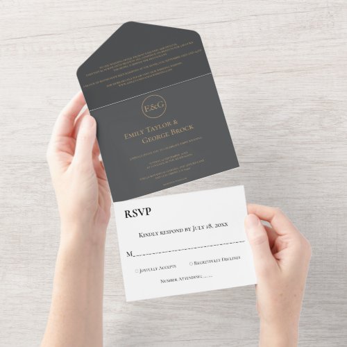 Modern Chic Dark Gray Gold Typography Wedding All In One Invitation