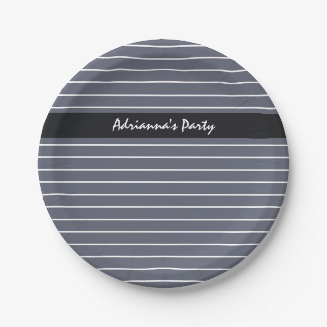 Modern Chic Dark Gray Thin Stripes With Name Paper Plates (Front)